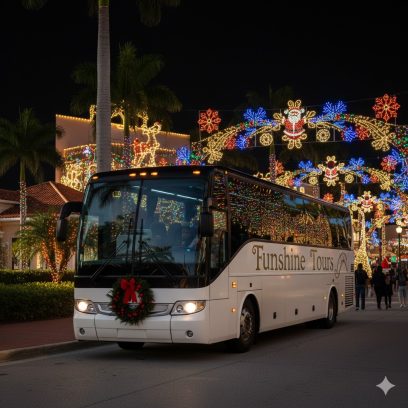 AI image with tour bus labeled "Funshine Tours" and Christmas decorations in background.